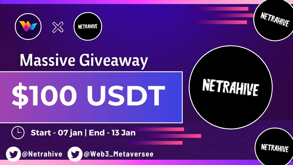 Web3_METAVERSEE's tweet image. 🥳 Netrahive x Web3 Metaverse Massive #Airdrop
🏆 Prize Pool:- 100 $USDC ( #Rondom )
✅ Follow @Netrahive
✅ Like, RT & Tag 3 Friends
✅ Complete #Zealy ⤵️
zealy.io/cw/web3_metave…
⏳End 13 Jan.
#Airdrops #Giveaway #ETH #Crypto #FCFS #Presale #usdt #Token #SOL #Airdrop