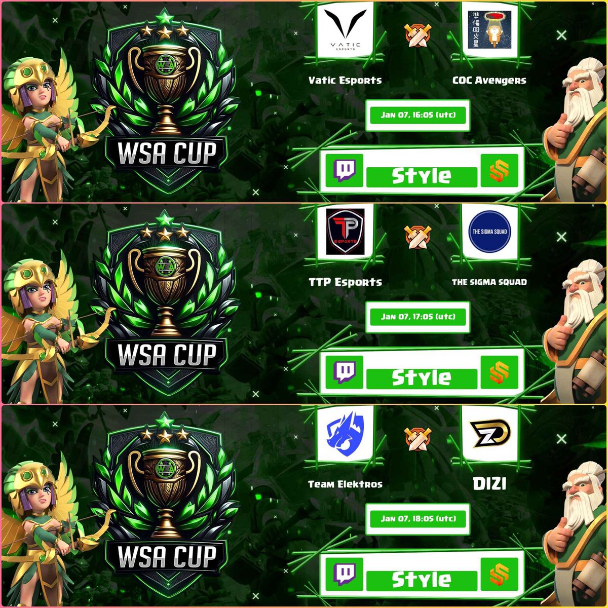 🟣 LIVEEEEEEEE!

Triplete para el Día de Hoy! 🤩

🏆 WSA Cup - QFUB

✅ Vatic Esports 🆚 COC Avengers
✅ TTP Esports 🆚 The Sigma Squad
✅ Team Elektros 🆚 DIZI

TODO el MUNDO para DENTRO! ❤

📺twitch.tv/style_coc