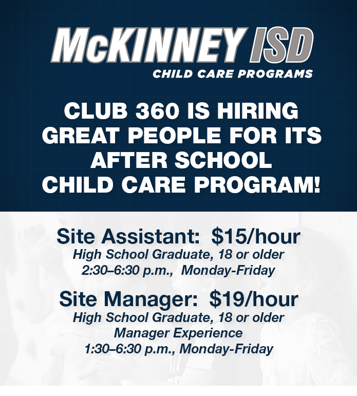 Club 360 is Hiring!
Site Assistant (High School Graduates, 18 or older): $15/hour
2:30–6:30 p.m.,  Monday-Friday

Site Manager (High School Graduates, 18 or older, manager experience): 
Starting at $19/hour
1:30–6:30 p.m., Monday-Friday