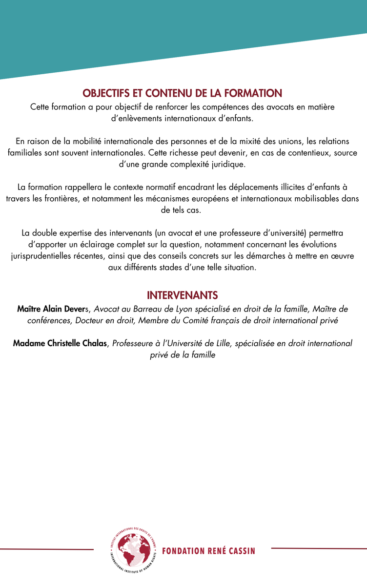 IIDHStrasbourg's tweet photo. Formation continue – Enlèvements internationaux d’enfants 
📅22/01/2025, 9h-10h30 &amp; 11h-12h30
💻TEAMS (Live/Replay) Intervenants : Maître Alain Devers &amp; Madame Christelle Chalas
Pour en savoir plus, et vous inscrire avant le 20/01 rendez-vous sur ce lien : https://t.co/h1QZNlYYvK https://t.co/jK8EfqxnrE