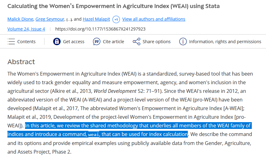 Amber Peterman (@a_peterman) on Twitter photo Oh hey: *All* the WEAI family of indicies can now be computed via a handy <a href="/Stata/">Stata</a> command: "weai"
Love it, <a href="/DioneMalick/">Malick Dione</a> Seymour, Ferguson & <a href="/HMalapit/">Dr Hazel Malapit (she/her)</a>!
cc. <a href="/IFPRI/">IFPRI</a> <a href="/CGIARgender/">CGIAR GENDER</a>
journals.sagepub.com/doi/10.1177/15… Oh hey: *All* the WEAI family of indicies can now be computed via a handy <a href="/Stata/">Stata</a> command: "weai"
Love it, <a href="/DioneMalick/">Malick Dione</a> Seymour, Ferguson & <a href="/HMalapit/">Dr Hazel Malapit (she/her)</a>!
cc. <a href="/IFPRI/">IFPRI</a> <a href="/CGIARgender/">CGIAR GENDER</a>
journals.sagepub.com/doi/10.1177/15…
