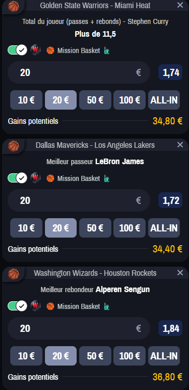 Voici le defi WINAMAX 🎁

Voici 3 paris en plus des deux qui font partie du prono du jour🔥

En espérant en valider le plus possible, et pourquoi pas un perfect✅

❤️&amp; RT si tu suis

#TeamParieur #NBA #winamax