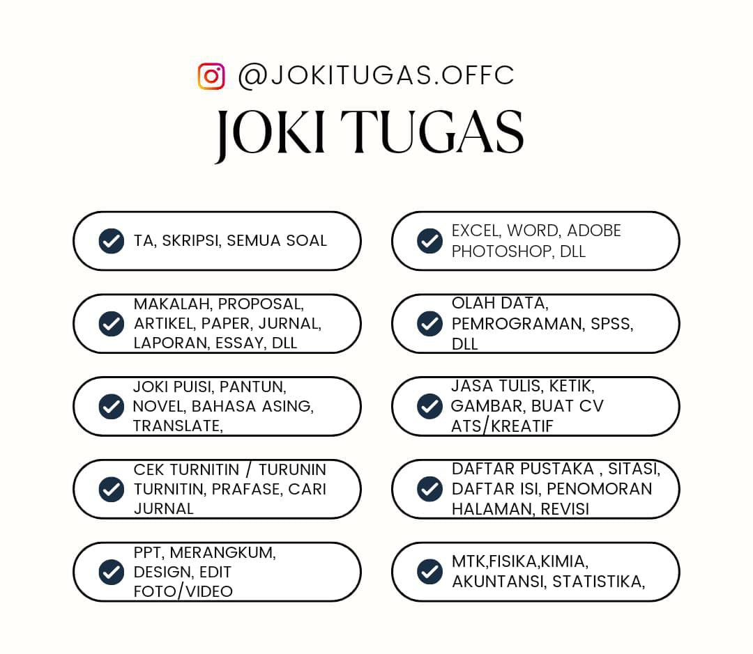 Yang Mau Joki Tugas Bisa Hubungi :
Admin :  wa.me/6285262367955 (WhatsApp)

Untuk Testimoni Bisa dilihat di Instagram :
instagram.com/jokitugas.offc…