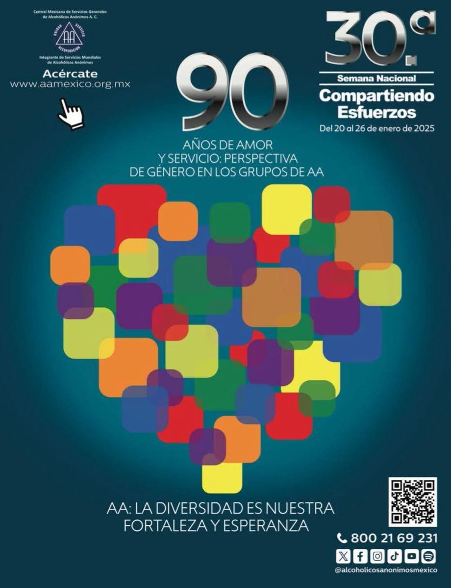 UPrieta's tweet photo. 👉 Del 22 al 26 de Enero, se llevará a cabo la 30a. Semana Nacional Compartiendo Esfuerzos con AA ✨Esto, en el marco conmemorativo de los 90 años de Amor y Servicio: Perspectiva de Género 🏳️‍🌈 en los Grupos AA "La diversidad  es nuestra fortaleza y esperanza" #amor #servicio https://t.co/7n9hI9RG7g