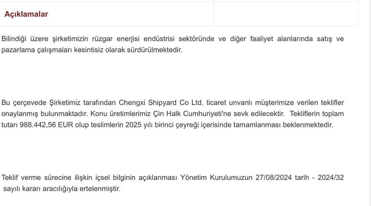 #sayas tarafından Chengxi Shipyard Co Ltd. ticaret unvanlı müşterimize verilen teklifler onaylanmıştır. Konu üretimlerimiz Çin Halk Cumhuriyeti'ne sevk edilecektir.  Tekliflerin toplam tutarı 988.442,56 EUR olup teslimlerin 2025 yılı 1. çeyrekte tamamlanması beklenmektedir.🇹🇷 🇨🇳