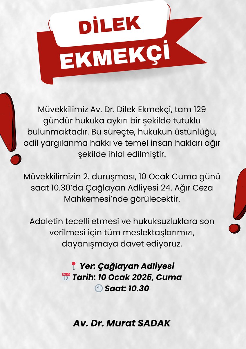 SADAKMURAT's tweet photo. Hukuka aykırı bir şekilde 129 gündür Bakırköy Kadın Kapalı Ceza İnfaz Kurumu'nda tutuklu bulunan müvekkilimiz Av. Dr. Dilek Ekmekçi'nin ikinci duruşması,

📅10 Ocak, Cuma Günü 
🕙Saat: 10.30'da 
📍İstanbul Çağlayan Adliyesi 24. Ağır Ceza Mahkemesi'nde görülecektir.  

Adaletin tecelli etmesi ve devam eden hukuksuzluklara son verilmesi adına tüm meslektaşlarımızı bu duruşmaya katılarak dayanışmaya davet ediyoruz.

@istbarosu
@istbarosuKHM
@istanbulbaroAhm
@istbaroihm
@ibrahimkaboglu
#DilekEkmekçiyeÖzgürlük 
#DilekEkmekçi