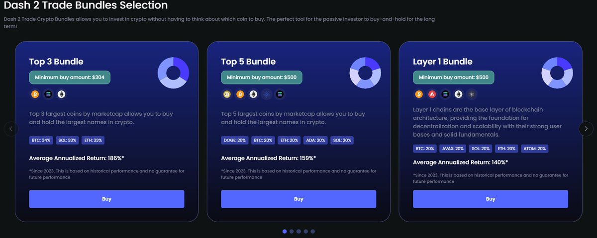 📢 Discover Dash 2 Trade Crypto Bundles! 🌟

Take the guesswork out of investing with Crypto Bundles – the perfect tool for passive investors to buy-and-hold for the long term.

💎 Top 3 Bundle
Top 3 largest coins by market cap: BTC, SOL, ETH
📈 Average Annualized Return: 186%