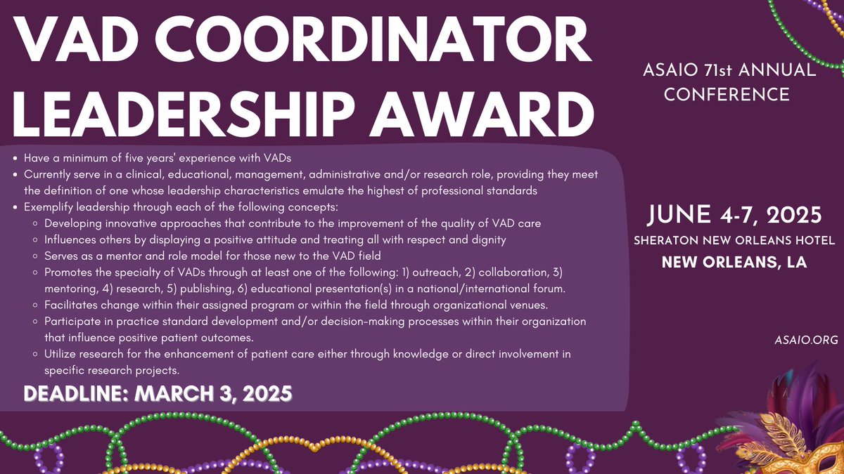 ASAIO 2025: Submit a nominee today for the ASAIO VAD Coordinator Leadership Award!
Deadline: March 3, 2025
Submit Here: asaio.org/forms/2024/VAD…

#ASAIO2025 #VADcoordinator #leadership