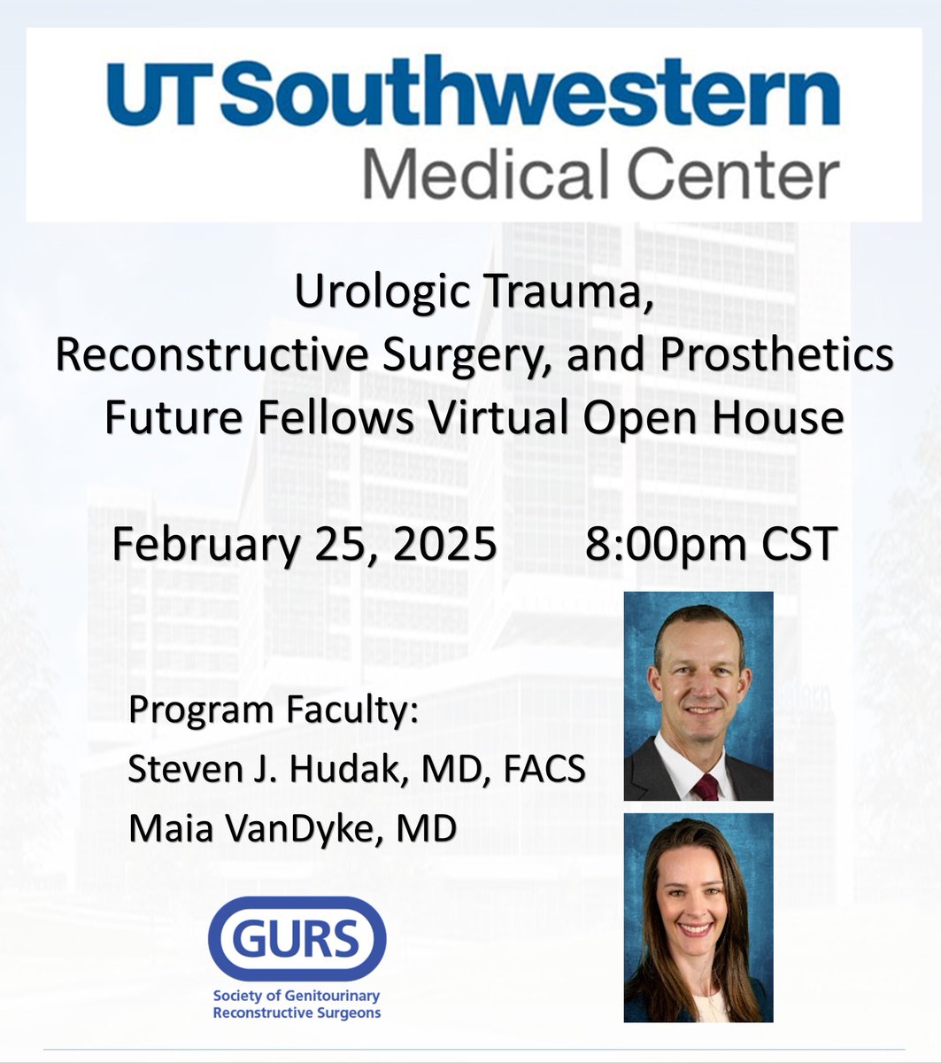 SJHudak's tweet image. Aspiring @SocietyGURS fellows: Join @MaiasaurusRex @Allyhertz and I virtually on Feb 25th for an inside look at @UTSWUrology Trauma/Recon/Prosthetics fellowship.
Click to register today! forms.gle/rpx1rFWVGNEoxX…