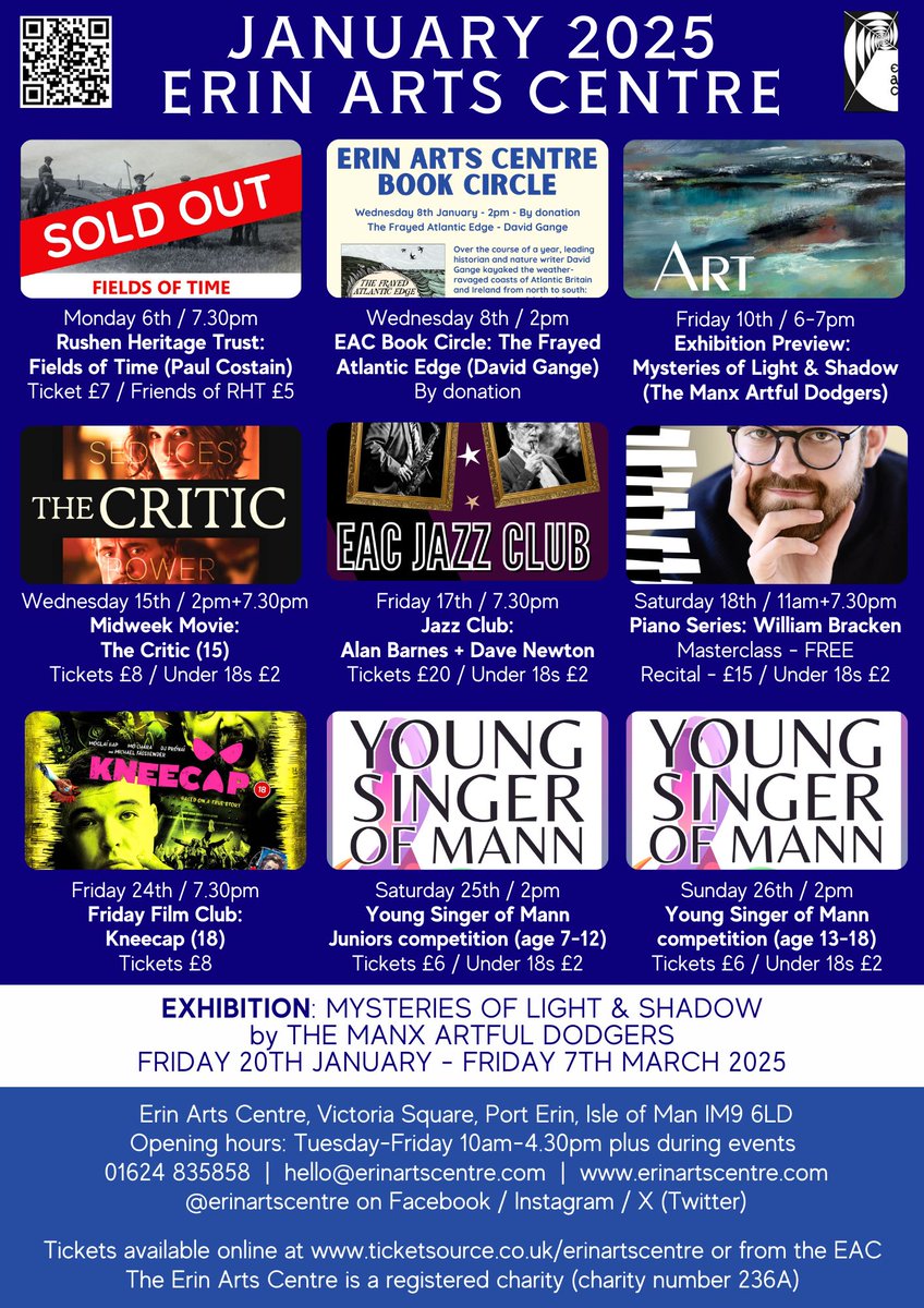 Happy new year! We're already a week into January 2025 so here's our events for the month. #erinartscentre #porterin #isleofman #events #cinema #jazz #livemusic #community #youngsingerofmann