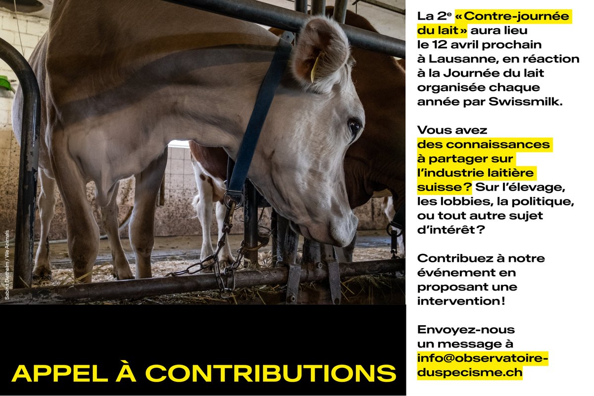 🔔Appel à  contributions🔔 Vous avez des connaissances en lien avec l’industrie laitière #suisse? Venez les partager avec nous lors de notre  «Contre-journée du #lait» le 12 avril à #Lausanne! Merci de relayer largement notre appel, on se réjouit de découvrir vos propositions.