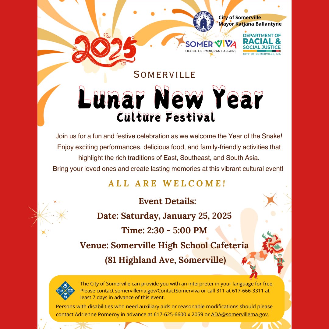 (1/2) Join us for Somerville's 2nd Lunar New Year Cultural Celebration! We invite you and your loved ones to come together with the local Chinese, East Asian, and Southeast Asian communities to celebrate the arrival of the Snake Year.