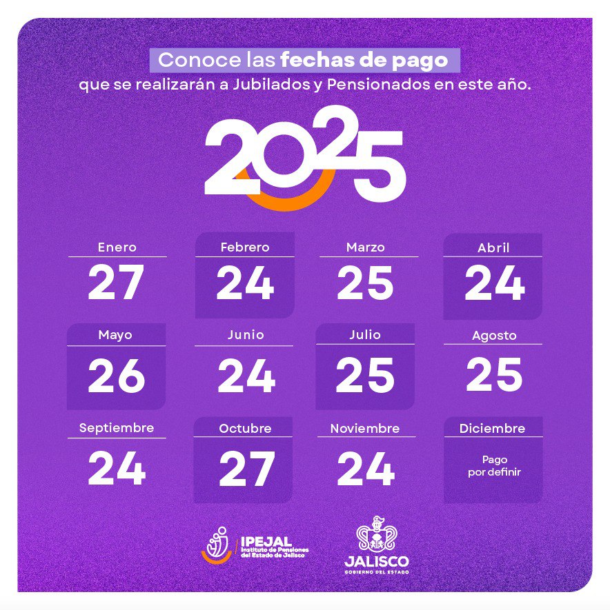 ¡Atención a todas las y los jubilados y pensionados del IPEJAL!

A continuación, les compartimos las fechas de pago correspondientes para el año 2025