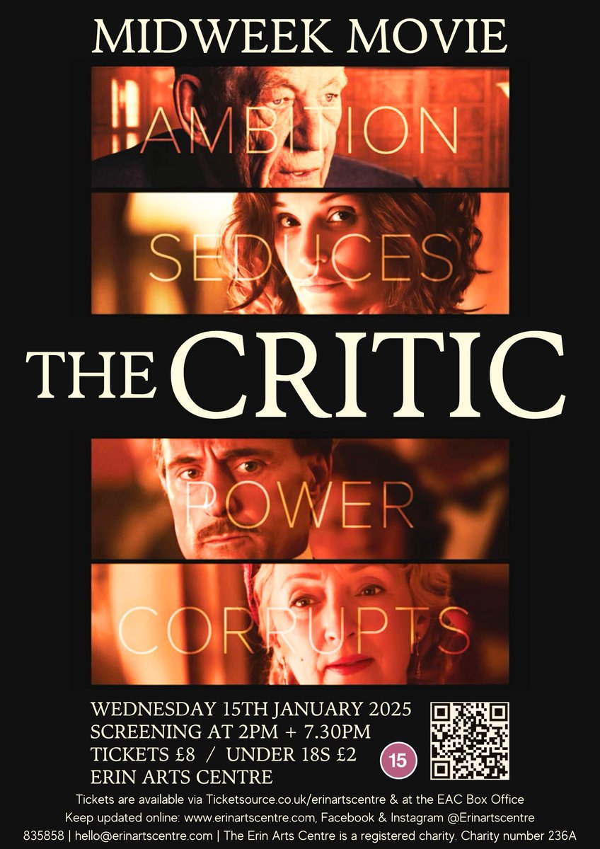 Our first monthly midweek movie for 2025 is Anand Tucker's deliciously dark thriller The Critic (15), screening at 2pm and 7.30pm on Wednesday 15th January, with tickets at £8 (£2 for under 18s). ticketsource.co.uk/erinartscentre #erinartscentre #porterin #isleofman #thecritic