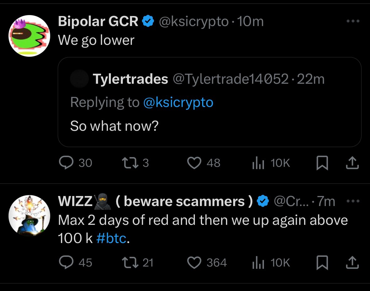 Taking bets, do we trust black GCR <a href="/ksicrypto/">KSIsBiggestHater</a> or the <a href="/CryptoWizardd/">WIZZ🥷 ( beware scammers )</a>