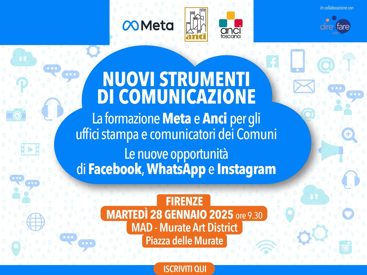 Anci Toscana (@ancitoscana) on Twitter photo Per tutti gli uffici stampa e i comunicatori dei Comuni toscani, il 28 gennaio dalle 9.30 è attesa al Murate Art District di #Firenze una #formazione organizzata da Meta e <a href="/comuni_anci/">comuni_anci</a> in collaborazione con Anci Toscana
➡️ Ingresso libero. Iscrizioni eventbrite.it/e/biglietti-nu… Per tutti gli uffici stampa e i comunicatori dei Comuni toscani, il 28 gennaio dalle 9.30 è attesa al Murate Art District di #Firenze una #formazione organizzata da Meta e <a href="/comuni_anci/">comuni_anci</a> in collaborazione con Anci Toscana
➡️ Ingresso libero. Iscrizioni eventbrite.it/e/biglietti-nu…