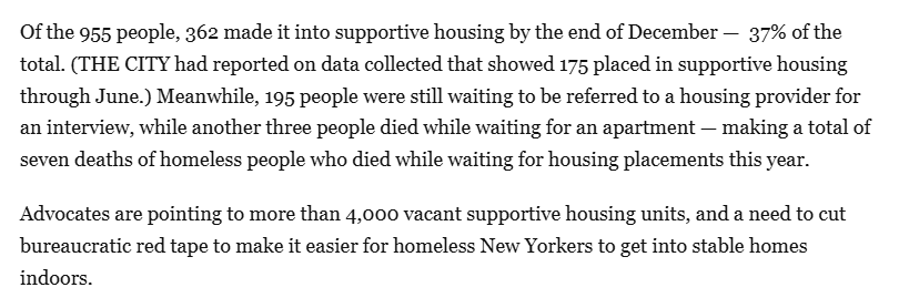 DavidFBrand's tweet image. Updated data that @GwynneFitz got from the city shows 37% of the 955 street homeless New Yorkers approved for supportive housing actually got an apartment as of last month (up from 18%)

7 died while waiting to move

thecity.nyc/newsletter/dev…