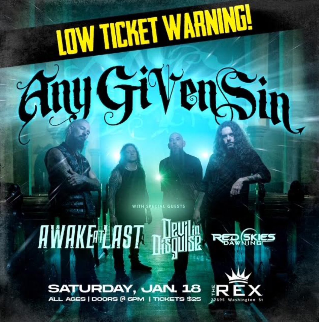anygivensinband's tweet photo. 📢 LOW TICKET WARNING 📢
It’s going to be a blast at The Rex
Saturday January 18th and tickets are going fast.
Get yours now:
https://t.co/AUJ8fYsgf7
#AnyGivenSin #Live #TheRex #Home #Saturday #Rock #Making #Memories https://t.co/Kr4tNj6MiC
