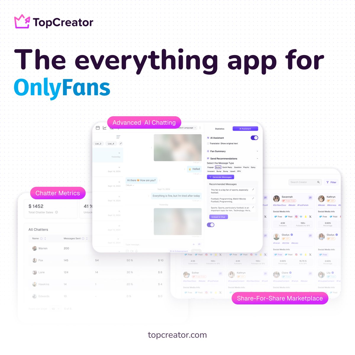 topcreatorcom's tweet image. OnlyFans management
OnlyFans marketing
OnlyFans Share for Share
OnlyFans Chatters 
....all of those available on TopCreator 👑

Let's make you a TopCreator today!