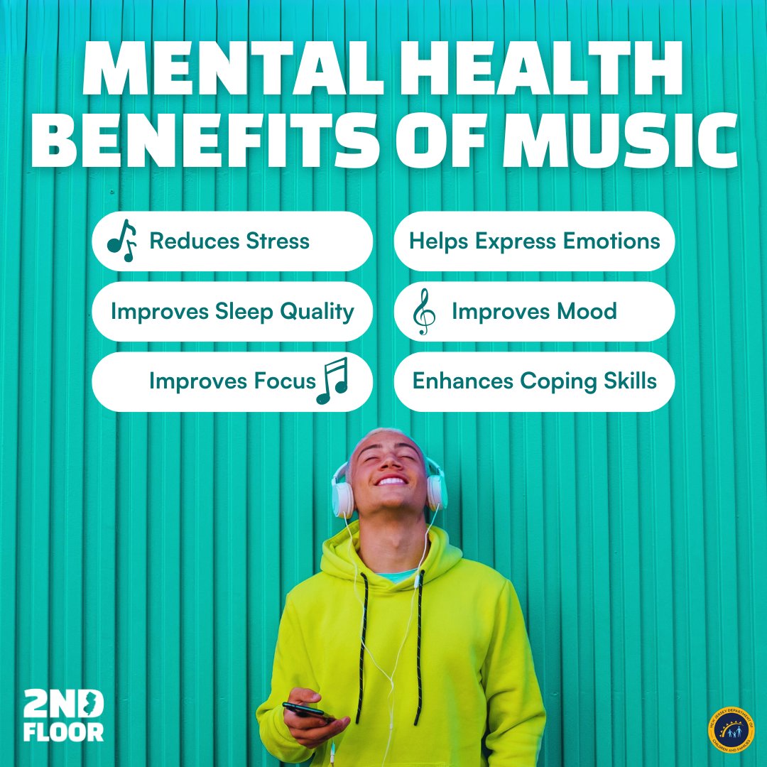 2NDFloorNJ's tweet image. Did you know that listening to music can actually be good for your health? By listening to your favorite songs, you&apos;re also practicing self-care! 🎶

Need to talk about other ways to improve your well-being? We&apos;re here for you. Visit 2NDFLOOR.org/download to get started.
