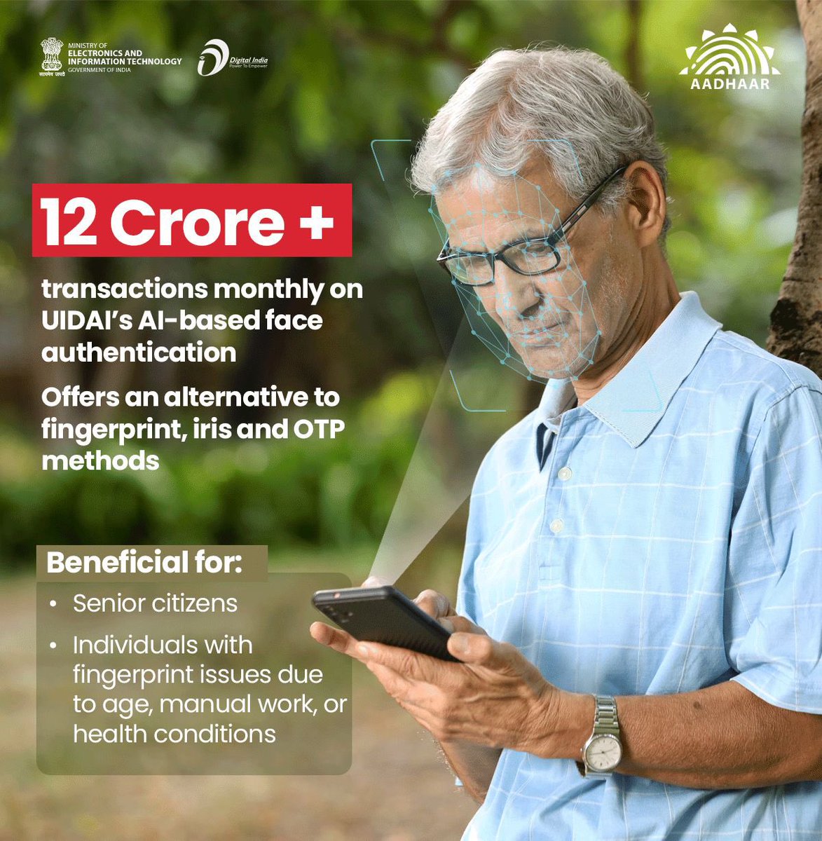 GoI_MeitY's tweet image. Experience a smarter, more efficient way of verification today with UIDAI’s AI-based face authentication. #Aadhaar #FaceAuthentication #TechForGood #DigitalIndia @UIDAI @ceo_uidai