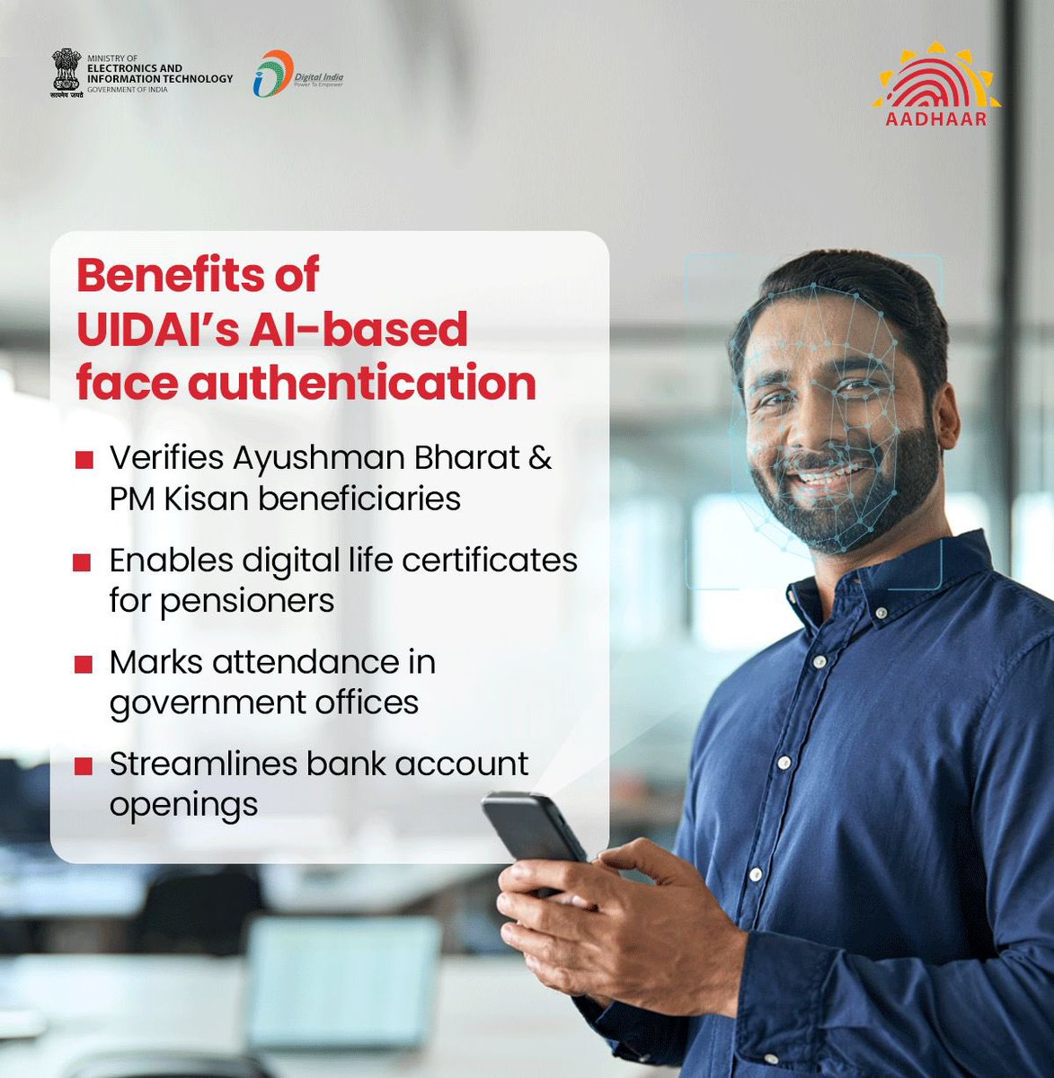 GoI_MeitY's tweet image. Experience a smarter, more efficient way of verification today with UIDAI’s AI-based face authentication. #Aadhaar #FaceAuthentication #TechForGood #DigitalIndia @UIDAI @ceo_uidai