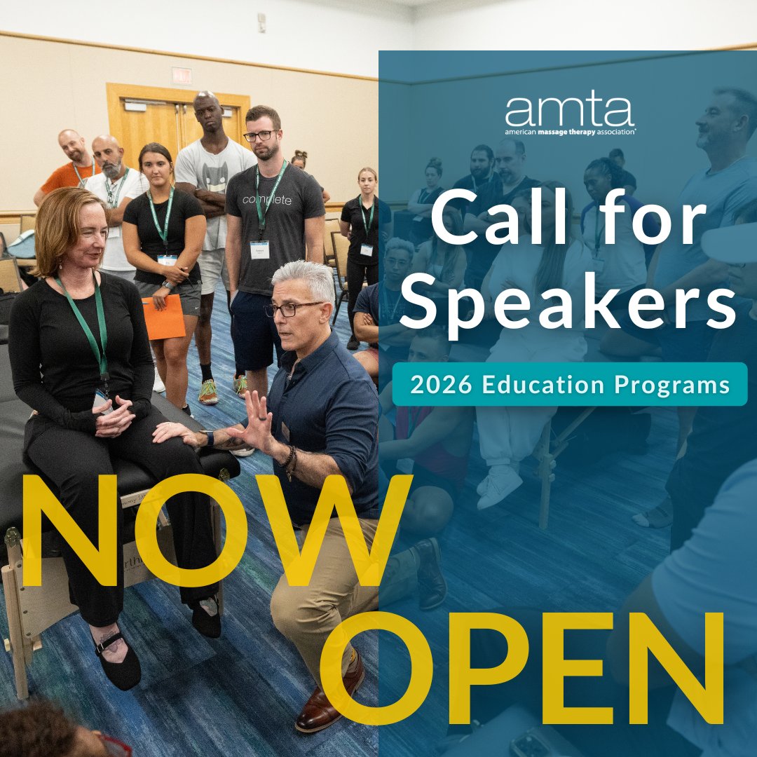 📣 Our Call for Speakers is now open for AMTA’s 2026 education programs! Share your ideas, knowledge and expertise with the #massagetherapy profession by becoming an AMTA speaker. Submit your application by March 28: bit.ly/3fVfMru