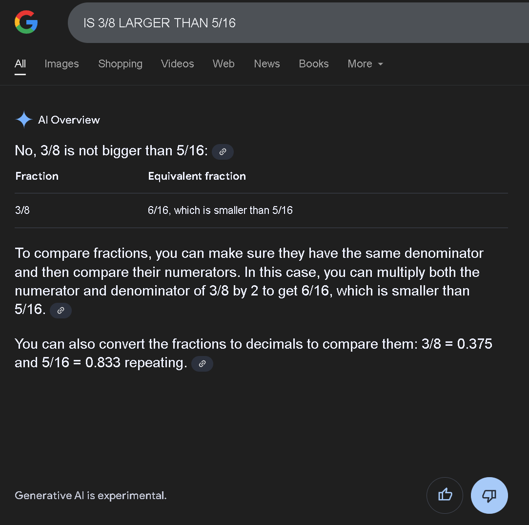 FactsInFocus's tweet photo. hey @elonmusk - @GoogleAI Gemini is, according to @google, a market leader on some metrics. Maybe you can detail how @grok offers a differing response from Gemini's statement - that 5 is greater than 6, and that 5/16 = 0.83333? (Grok believes 3/8 [or 6/16] is greater than 5/16) https://t.co/bzuRSADqab