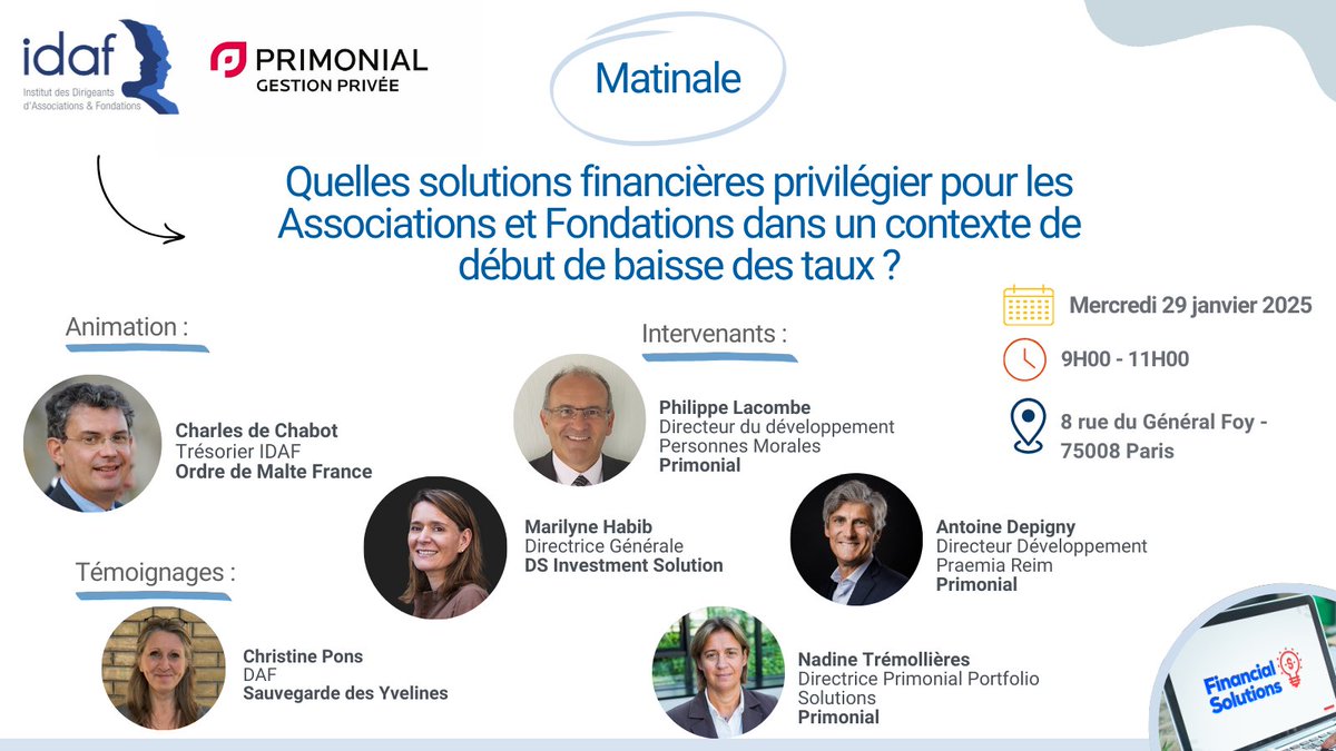 👉 Rejoignez notre Matinale !

🗓️ Mercredi 29 janvier 2025
🕒 9 h – 11 h (accueil dès 8 h 30)
📍 8 rue du Général Foy, 75008 Paris

👉 Inscrivez-vous dès maintenant : bit.ly/40phD1u

#IDAF #Asso #Associations #Fondations #ESS #Finance