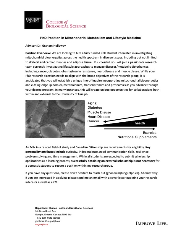 I'm looking to hire a fully funded PhD student this year. If you are interested in investigating mitochondrial bioenergetics in diverse tissues please reach out.