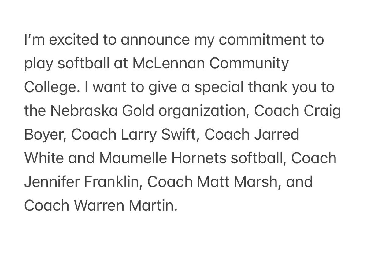 Layla Ward (@laylawardr4) on Twitter photo I’m excited to announce my commitment to play softball at McLennan Community College! #DreamBigActBigBeBig #faMily
<a href="/McLennan_SB/">McLennan Softball</a> <a href="/CoachBerry33/">Chris Berry</a> <a href="/CoachJ_22/">Jessica Smith</a> <a href="/NEGold08s/">Nebraska Gold 16U - National</a> <a href="/franklinjenn/">Jennifer Franklin</a> <a href="/CoachMattMarsh/">Matt Marsh</a> <a href="/WMartin_Fitness/">Warren T Martin, Best Selling Author</a> I’m excited to announce my commitment to play softball at McLennan Community College! #DreamBigActBigBeBig #faMily
<a href="/McLennan_SB/">McLennan Softball</a> <a href="/CoachBerry33/">Chris Berry</a> <a href="/CoachJ_22/">Jessica Smith</a> <a href="/NEGold08s/">Nebraska Gold 16U - National</a> <a href="/franklinjenn/">Jennifer Franklin</a> <a href="/CoachMattMarsh/">Matt Marsh</a> <a href="/WMartin_Fitness/">Warren T Martin, Best Selling Author</a>