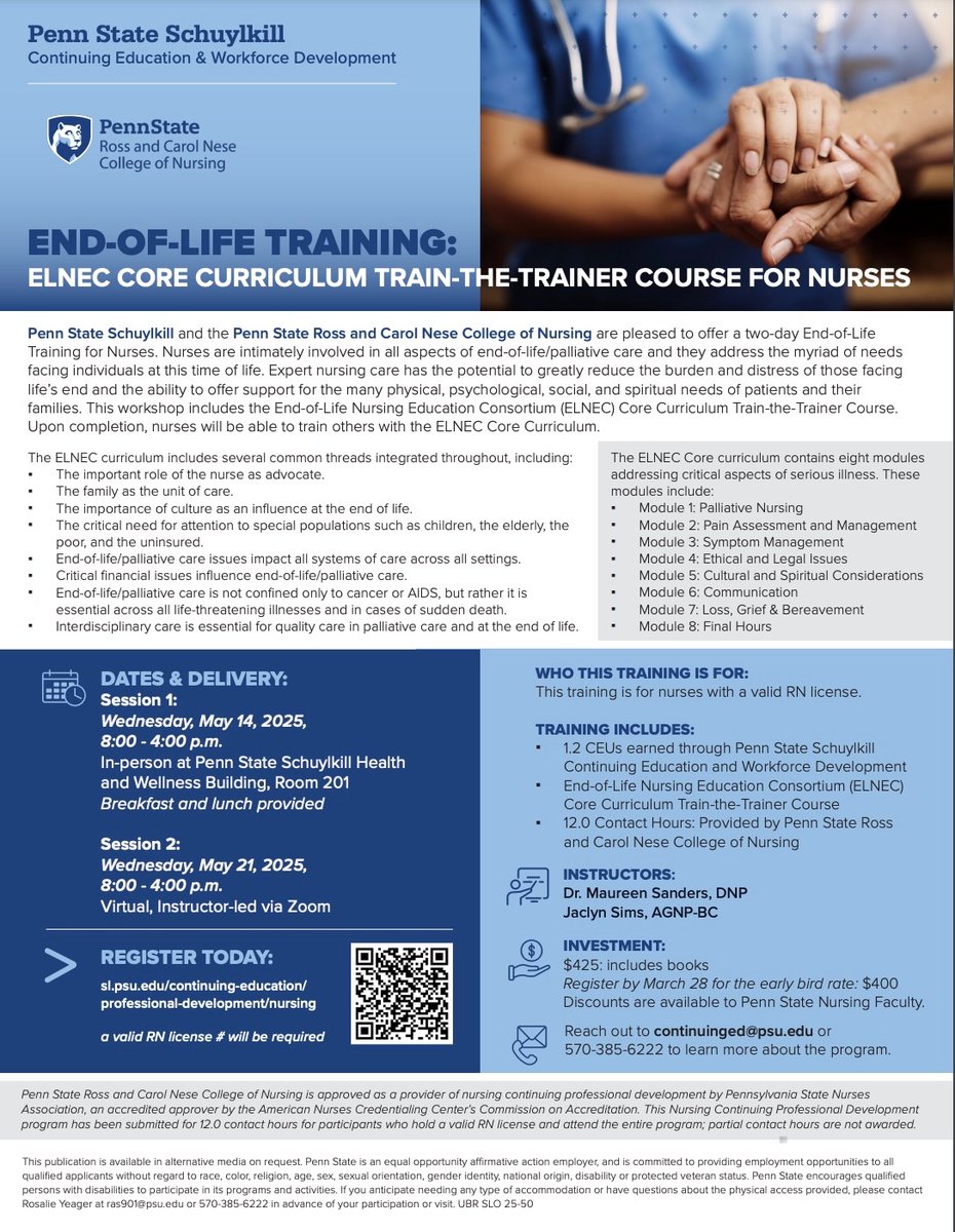 Nese College of Nursing (@psunursing) on Twitter photo The Penn State Ross and Carol Nese College of Nursing is now offering a two-day End-of-Life Training for Nurses course at the Schuylkill campus.
Register today and reach out to continuinged@psu.edu with any questions! The Penn State Ross and Carol Nese College of Nursing is now offering a two-day End-of-Life Training for Nurses course at the Schuylkill campus.
Register today and reach out to continuinged@psu.edu with any questions!