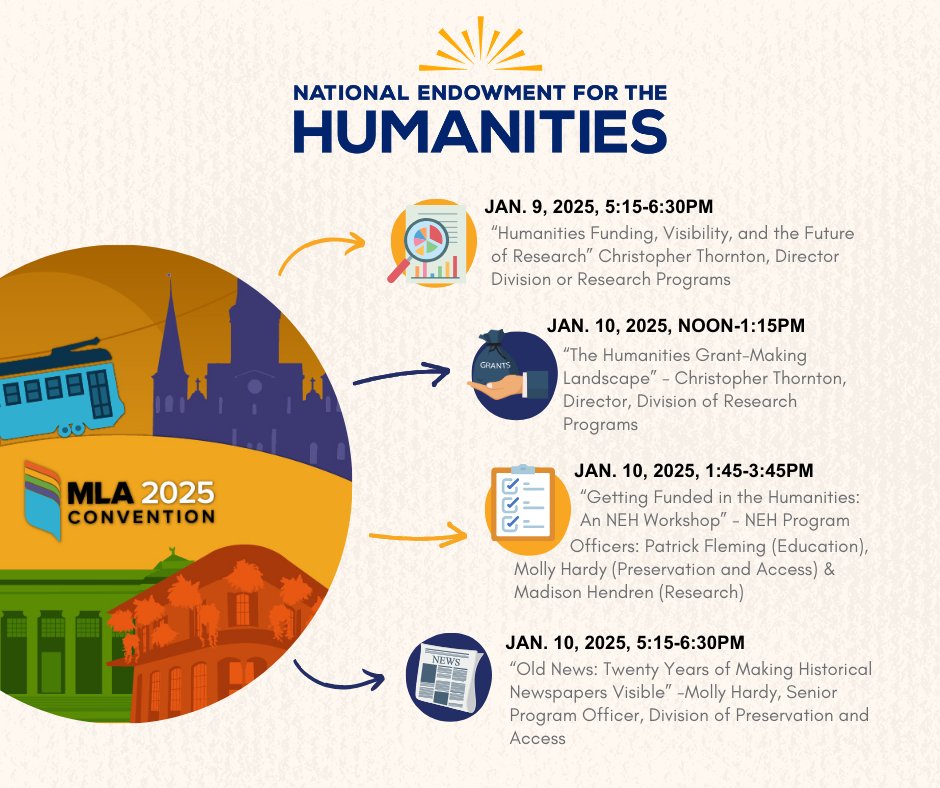 Heading to the <a href="/mlanews/">MLA News</a> 2025 Convention in New Orleans? So are we! Check out the #NEHgov sessions on January 9 and 10 and be sure to stop and say hi at our table in the Professional Development Hub. We’ll see you there! #MLA2025