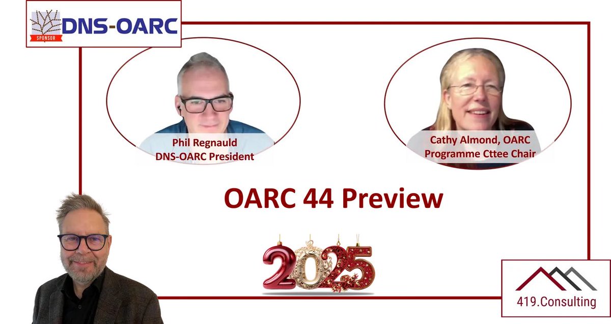 Our first call of 2025 featured a preview of the forthcoming #OARC44 meeting.

<a href="/dnsoarc/">DNS-OARC</a> President, <a href="/regnauld/">Phil Regnauld 🇺🇦</a>, and Cathy Almond, Programme Committee Chair, joined us to talk through some of the topics being covered at the meeting.

The link to the recording is in the comments.