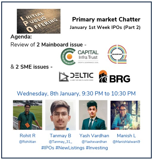 manishlalwani9's tweet photo. #PrimaryMarketChatter January 1st week IPOs Part 2 with @rohiitian, @Tanmay_31_, @Yaxhxvardhan & I tomorrow night 9:30 PM.
We discuss 4 primary issues #capitalinfratrustipo, #quadrantIPO, #deltaautocorp, #BRGoyalinfra.
All very interesting issues. Link in 1st comment. https://t.co/WxJfbqnpqo