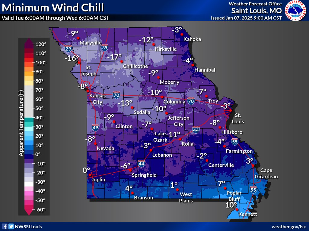 🥶 Dangerously cold temps will persist throughout this week with lows near zero &amp; wind chill values approaching -15 to -20 in some areas. Dress in layers, limit time outdoors &amp; continue to use caution while driving as refreezing  &amp; road cleanup continues to be a challenge. #MoWx