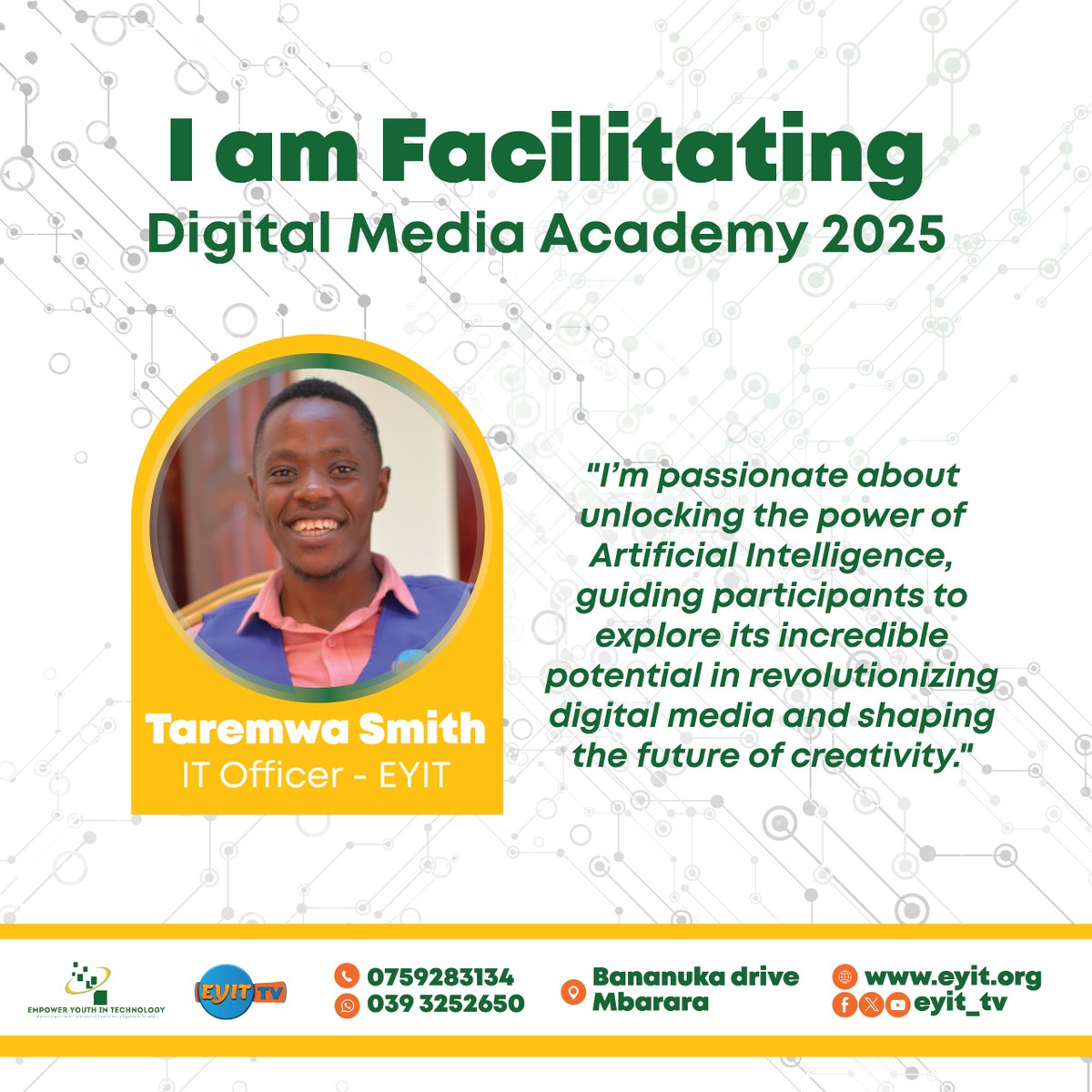 taremwasmith's tweet image. 🎉 Excited to announce that I will be facilitating the #DigitalMediaAcademy 2025 at #EYIT! 🚀

Passionate about unlocking the power of #ArtificialIntelligence and helping participants explore its potential to revolutionize digital media and shape the future of creativity.