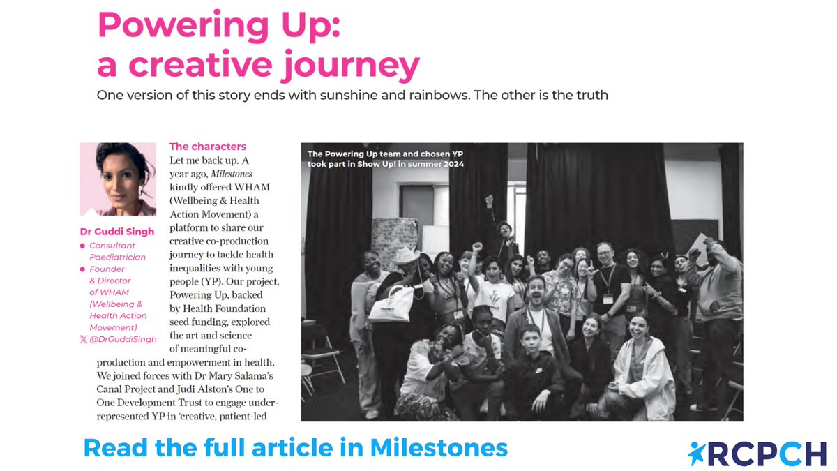 Made a New Year’s Resolution to try a new approach? 

Be inspired by <a href="/DrGuddiSingh/">DrGuddiSingh</a> and the Powering Up team, who champion the creative health movement in the winter edition of #RCPCHMilestones 

rcpch.ac.uk/membership/mil…
