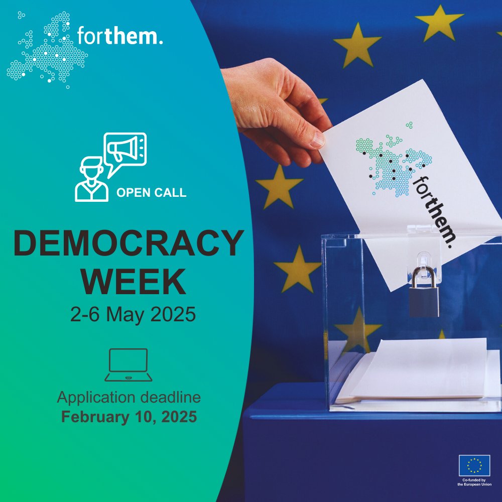 FORTHEM Alliance (@forthemalliance) on Twitter photo πDemocracy Week 2025
Join academics & students across FORTHEM to celebrate democracy in Europe & beyond!
π 2β6 May 2025
πApply by: 10 Feb 2025
Propose campus activities on democracy & human rights and collaborate on events, panels, or online seminars.
forthem-alliance.eu/media/events/dβ¦ πDemocracy Week 2025
Join academics & students across FORTHEM to celebrate democracy in Europe & beyond!
π 2β6 May 2025
πApply by: 10 Feb 2025
Propose campus activities on democracy & human rights and collaborate on events, panels, or online seminars.
forthem-alliance.eu/media/events/dβ¦