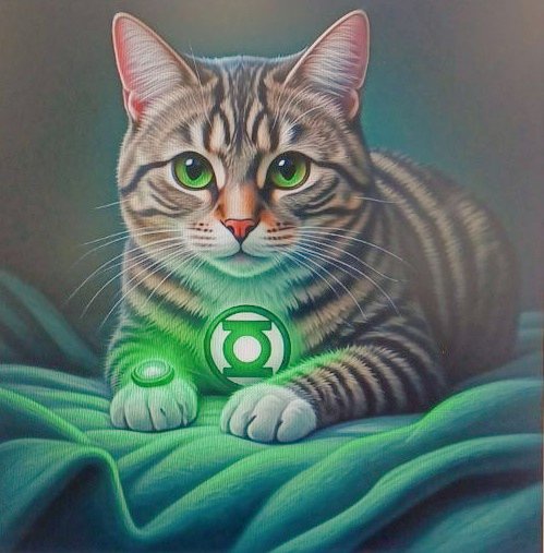 AVarignana's tweet image. Only 3 steps voice commands with #Gemini2 to draw a #GreenLantern #cat 😄
