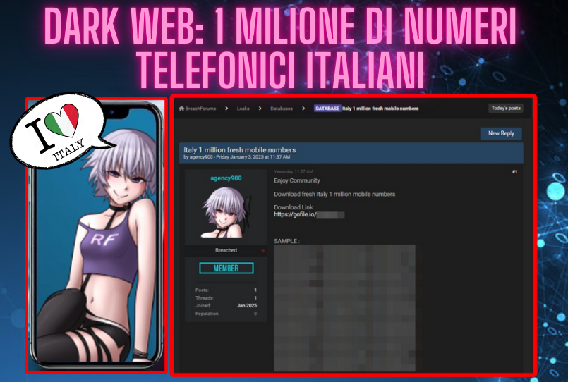 DES_667's tweet photo. Hai notato un aumento di chiamate spam?
1 milione di numeri telefonici italiani è stato condiviso su #BreachForum da agency900
- Non cliccare link sospetti
- Usa l'autenticazione a 2 fattori
- Diffida da chiamate/messaggi sospetti
#CyberSecurity #DarkWeb #Phishing #DataProtection https://t.co/1vC6snYR3S