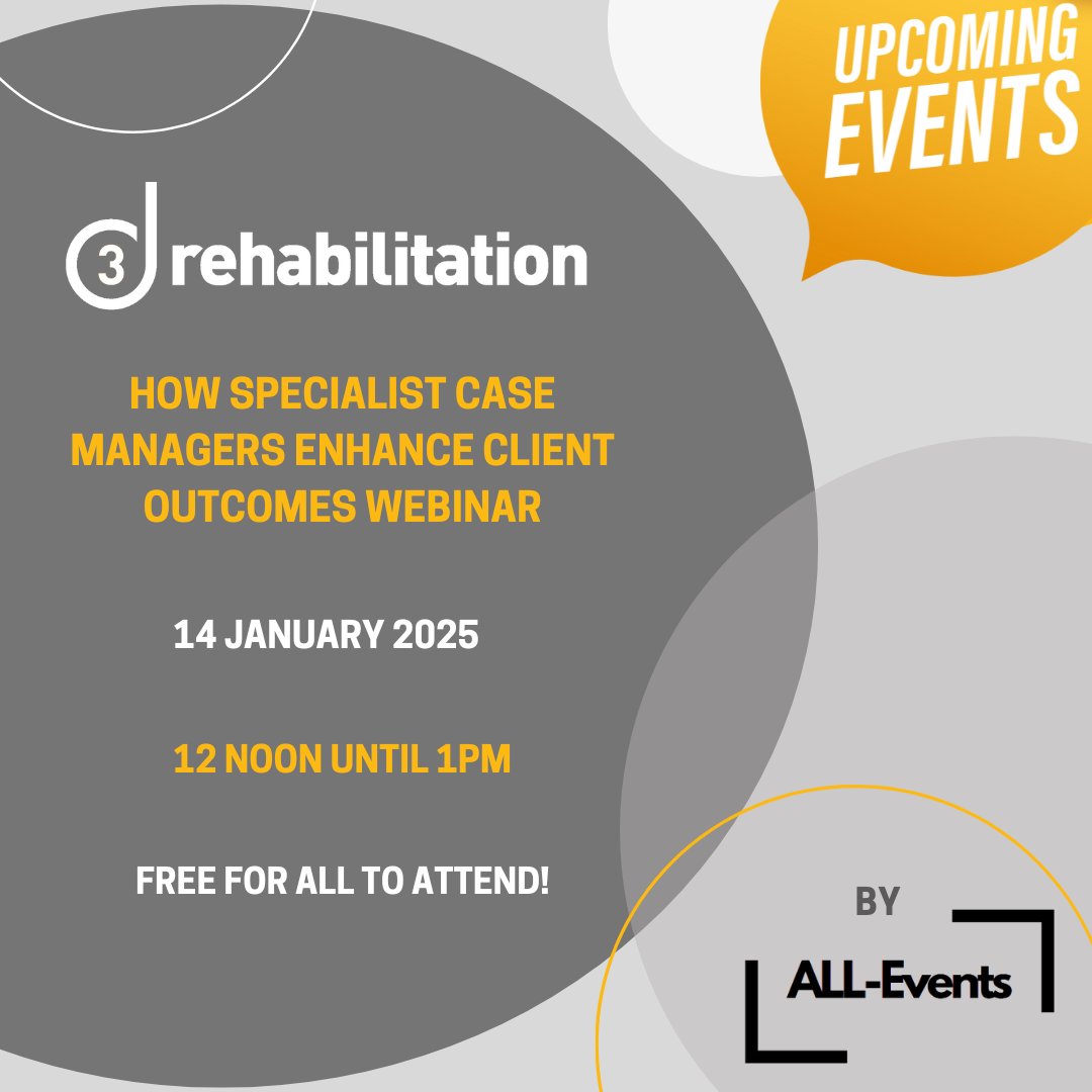 3d Rehabilitation proudly sponsors the All Events webinar:
How Specialist Case Managers Enhance Client Outcomes 
 
🗓 Date: 14th January 2025 
⏰ Time: 12:00 – 1:00 PM

Don’t miss this opportunity to gain valuable insights from a leader in the field! Link in the comments below!
