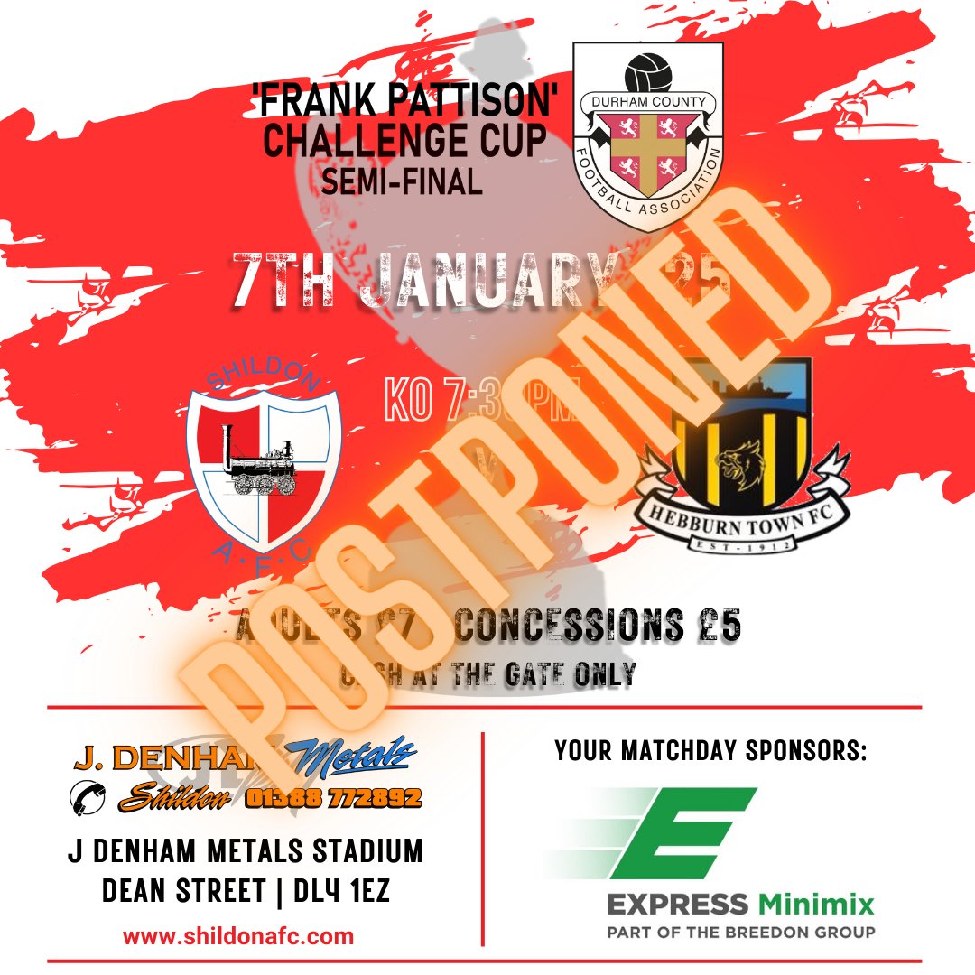 Tonight's <a href="/durhamFA/">𝗗𝘂𝗿𝗵𝗮𝗺 𝗖𝗼𝘂𝗻𝘁𝘆 𝗙𝗔 ⚽️</a> 'Frank Pattison' Challenge Cup Semi-Final against <a href="/HebburnTown/">Hebburn Town FC</a> has been postponed due to a snow covered, frozen pitch.  The fixture has been re-arranged for 21st January 2025 at the <a href="/JDenhamMetals/">J Denham Metals Ltd</a> Stadium at Dean Street.  Kick-off 7:30pm.
