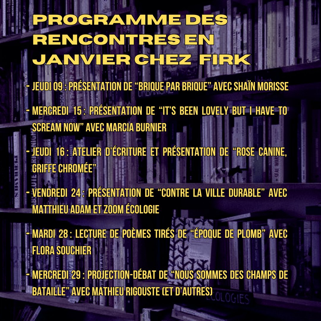 Café-Librairie Michèle Firk (@michelefirk) on Twitter photo On vous avait annoncé une rentrée chargée et on a tenu parole: de l'abolitionisme pénal, du zine queer et trans, de l'écologie radiophonique, de la poésie enragée et des réflexions sur la militarisation de la répression et comment y résister... l'année commence bien chez Firk! On vous avait annoncé une rentrée chargée et on a tenu parole: de l'abolitionisme pénal, du zine queer et trans, de l'écologie radiophonique, de la poésie enragée et des réflexions sur la militarisation de la répression et comment y résister... l'année commence bien chez Firk!