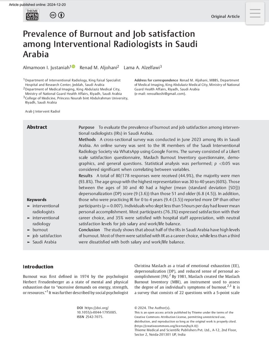 Arabjir's tweet photo. #AJIR Original Article : Prevalence of Burnout and Job satisfaction among Interventional Radiologists in Saudi Arabia @MoonJustaniah @pairsmedia
Abstract: https://t.co/mnNnKwlTqM
HTML: https://t.co/Gv94ka1w52
PDF: https://t.co/E2FaWM2Gcw https://t.co/dDYNSocXNb