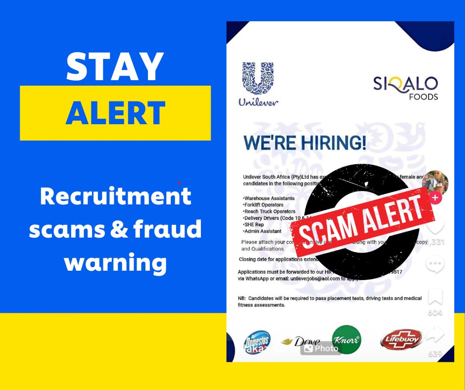 We urge the members of the public to stay alert of recruitment scams and fraudulent communication. All available career opportunities or recruitment processes are handled and advertise directly through our official Unilever channel careers.unilever.com/south-africa?_…..