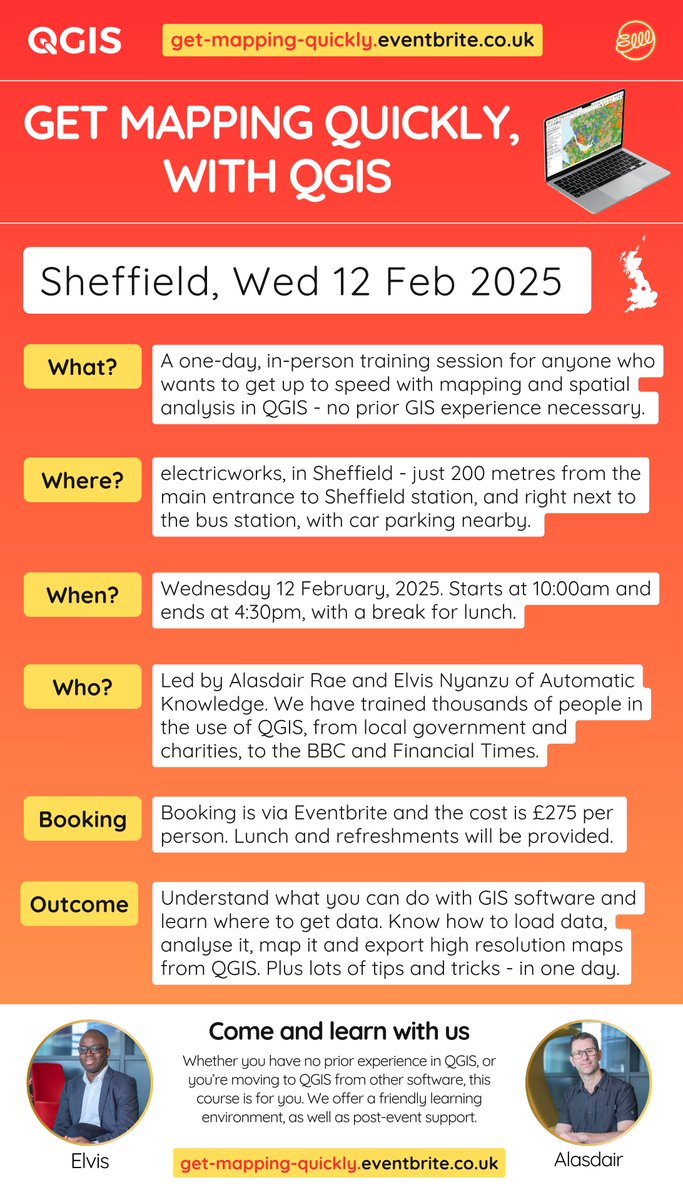 🗺️Our 'Get mapping quickly, with QGIS' training event in Sheffield (Wed 12 Feb) is now open for booking, just 200 metres from the station and in the Electric Works (also home to the largest slide inside any UK office building!)

Book here: get-mapping-quickly.eventbrite.co.uk

#QGIS #training
