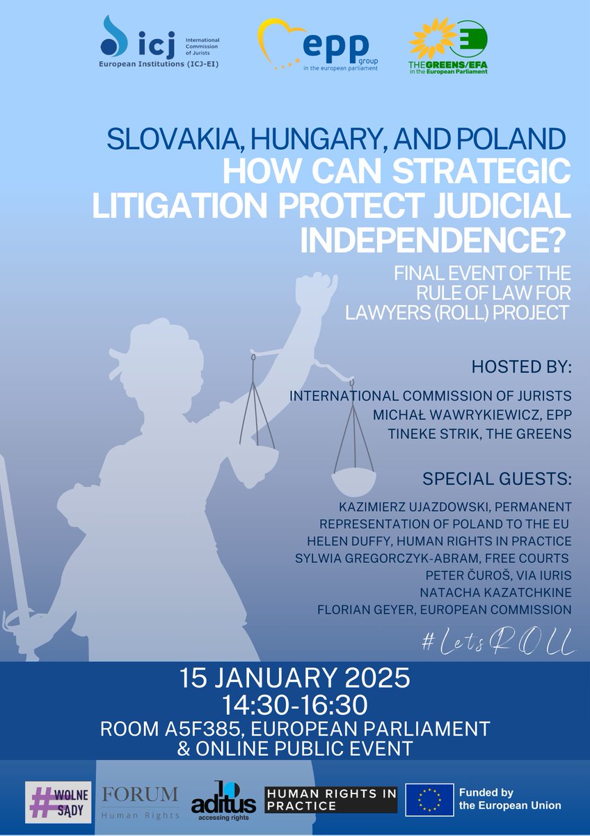 ⏳Don’t miss our event on 15 Jan 2025 (14:30-16:30 CET) on the critical issues of judicial independence, the rule of law, and strategic litigation, with a particular emphasis on Poland🇵🇱, Hungary🇭🇺 and Slovakia🇸🇰
Register for online participation forms.gle/91VpyHu33LM3vS…
#LetsRoll