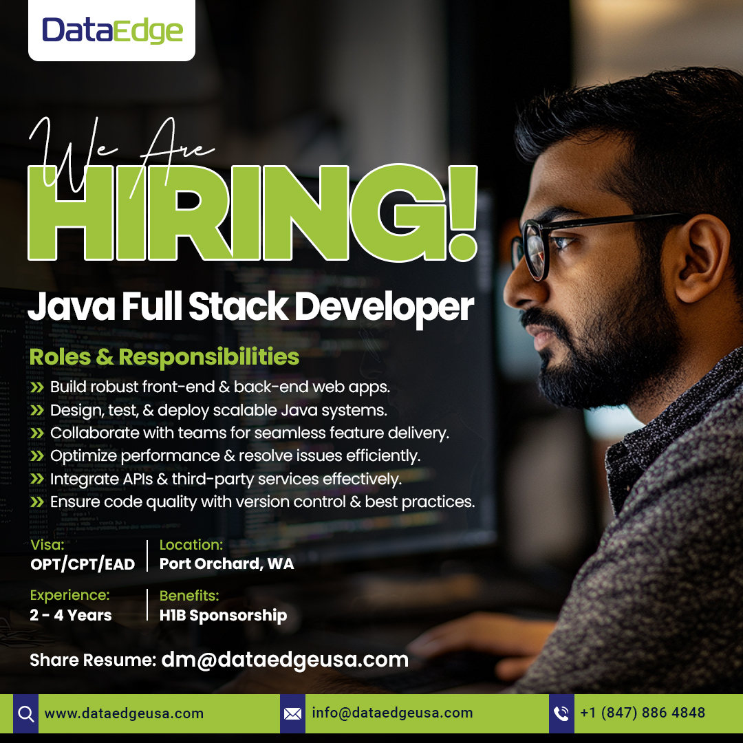 dataedgeusa's tweet image. Role: Java Full Stack Developer
Experience: 2 - 4 Years &amp;amp; Location - Port Orchard, WA
Email Resume: dm@dataedgeusa.com
.
.
.
#JavaDeveloper #FullStackDeveloper #JavaJobs #ITJobs #TechCareers #HybridJobs #PortOrchardJobs #H1BSponsorship #OPTJobs #CPTJobs #EADJobs #Software