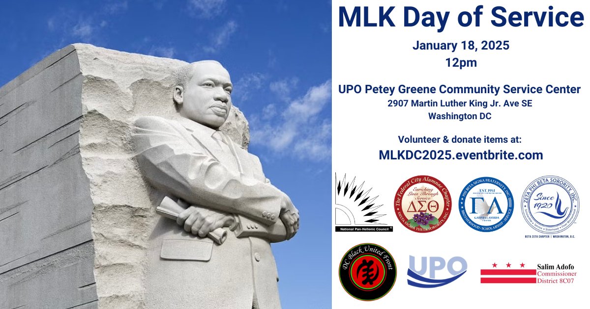 We are looking for  non-perishable food items and personal hygiene items for the #MLKDayOfService. 
Click the link and let us know what you can donate.

Donate and volunteer here: MLKDC2025.eventbrite.com